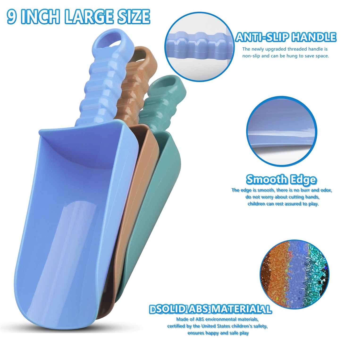 Umnodobn 9" Solid Beach Sand Toy Shovels Scooping Spade Toys Kit Gear Water Pool Gardening Digging Bath Toy Environmentally ABS Durable Plastic Complete Gift Set Bundle for Kids Adults