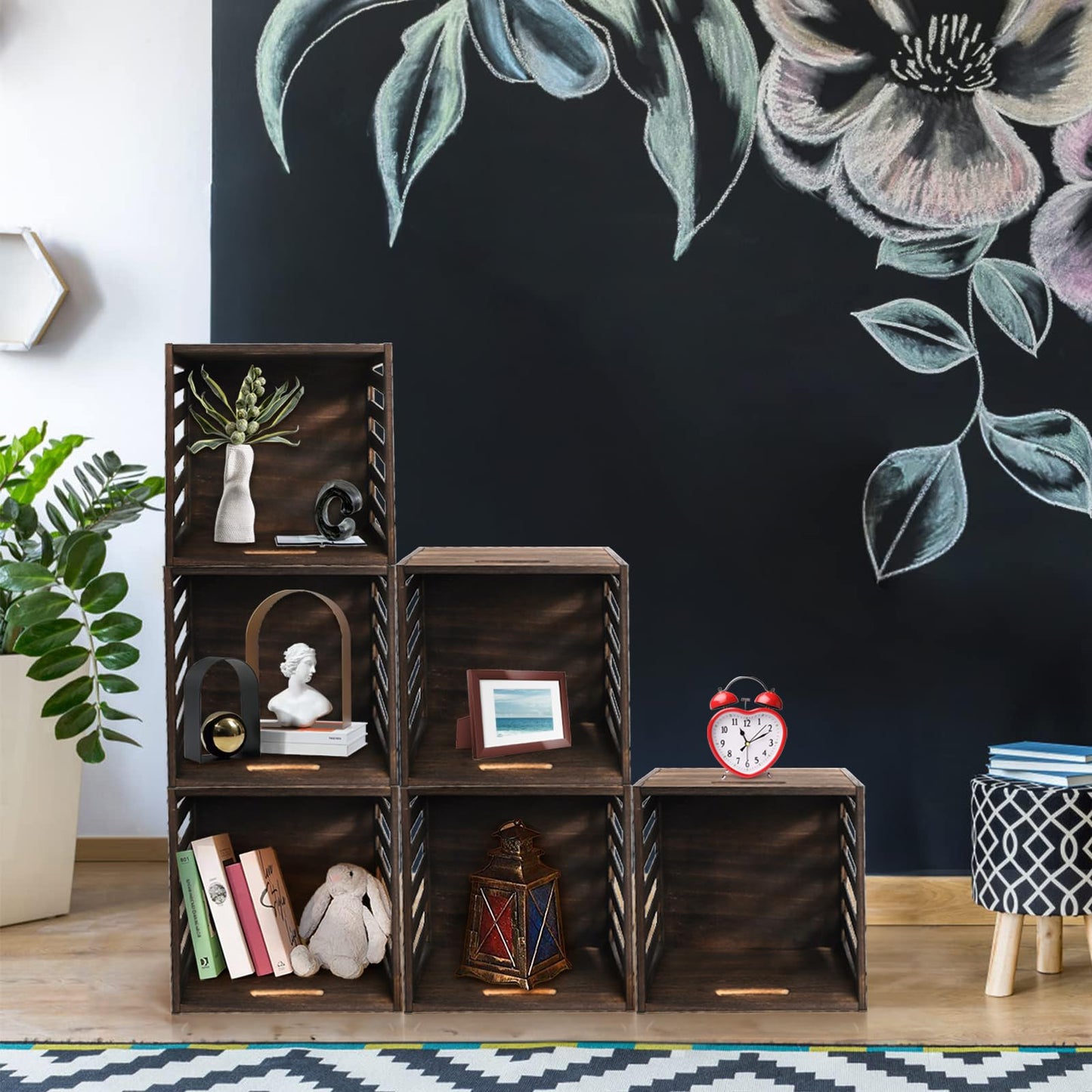 yarlung Wood Storage Bin Cube Wood Crate with Handles, Rustic Brown Decorative Box, Stackable Shelf Basket Books Organizer for Closet, Bookcase, 12"x12"x11", Easy Assembly