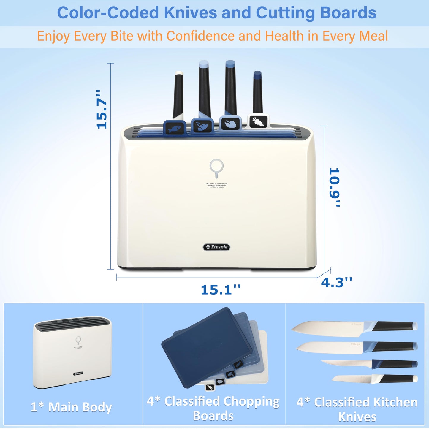 Etespie Smart Cutting Board and Knife Set,Self Cleaning Cutting Board and Knife Set with 4 Stainless Steel Knives,4 Color Coded Cutting Boards