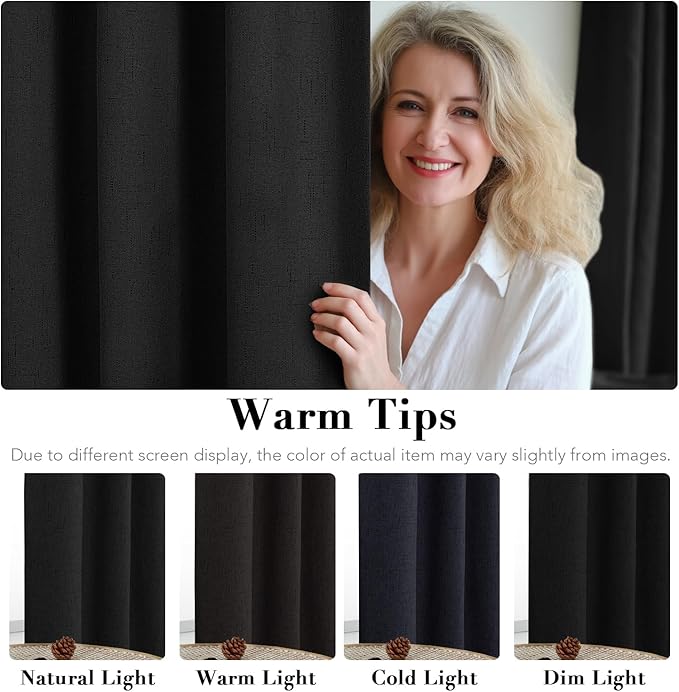 H.VERSAILTEX Bedroom Curtains Blackout Linen Blackout Curtains 84 Inches Long, 100% Blackout Thermal Textured Linen Look Curtain Draperies Grommet with White Liner, 2 Panels, Black