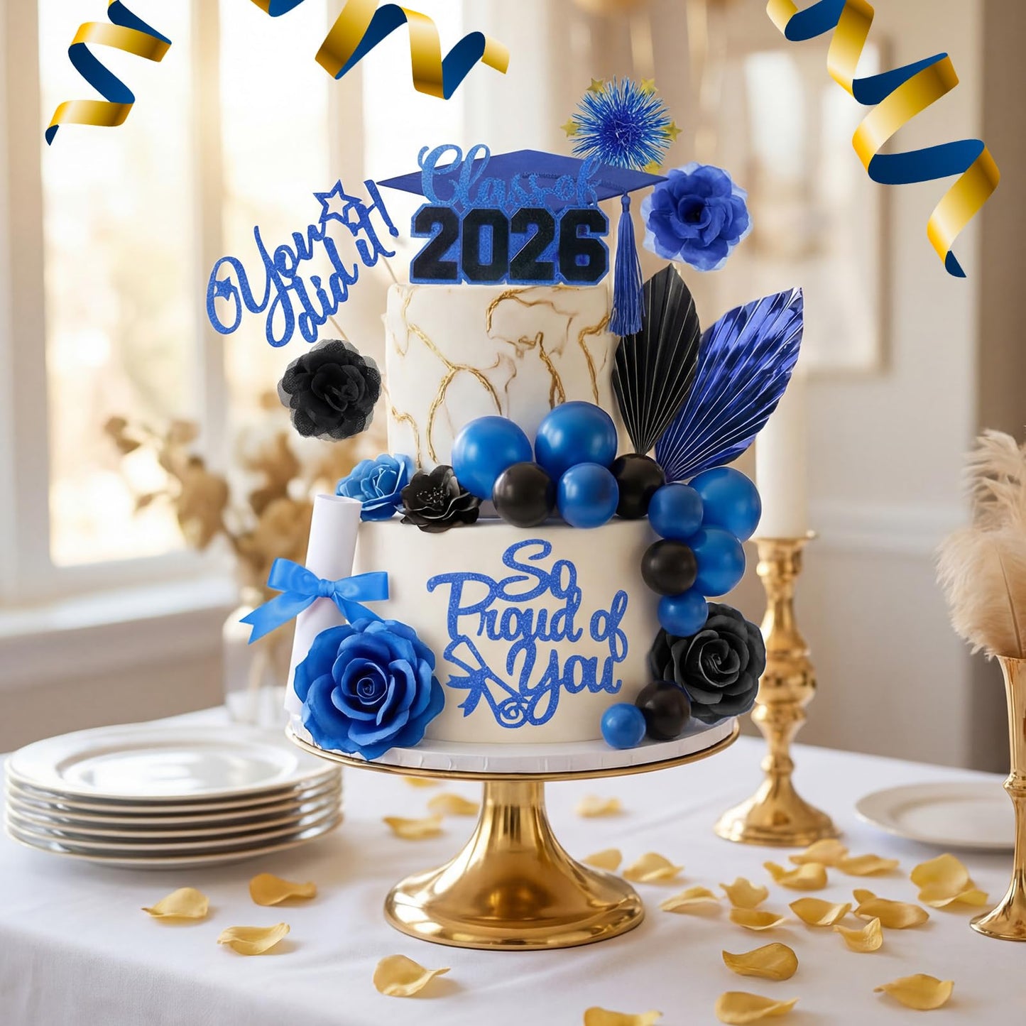 Sureio 48 Pcs Graduation Cake Toppers Class of 2026 Congrats Grad Cake Decor Graduation Cap Diploma Artificial Flower Card Ball Palm Leaves Firework Stick Kit for Theme Party Supplies (Blue, Black)