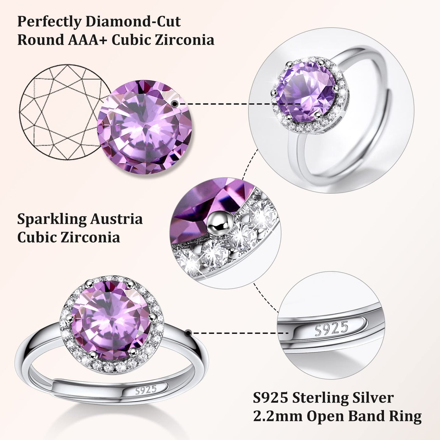 Bestyle Flattering June Alexandrite Round Crystal Rings Cubic Zirconia Rings for Women Dainty 925 Sterling Silver Hypoallergenic Adjustable Rings Size #6-#12
