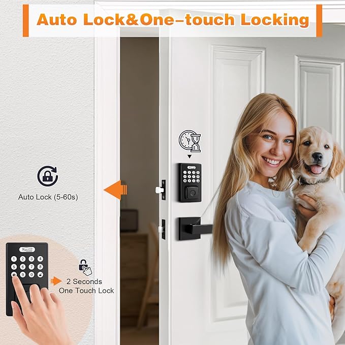 Probrico Keyless Entry Door Lock with Handle, Smart Locks for Front Door, Black Keypad Door Lock with Handle Fingerprint Lock, Electronic Keypad Deadbolt Lever, App Control, Auto Lock