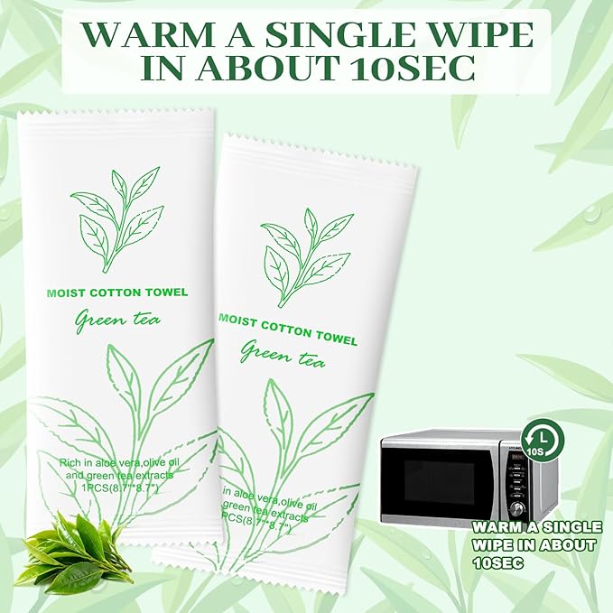 Moist Cotton Towel Bulk Moist Towelettes Individually Wrapped,White Towel Services,Refreshment Pre Moistened Towels for Dentist Travel Sport Party Hotel 50，Green tea