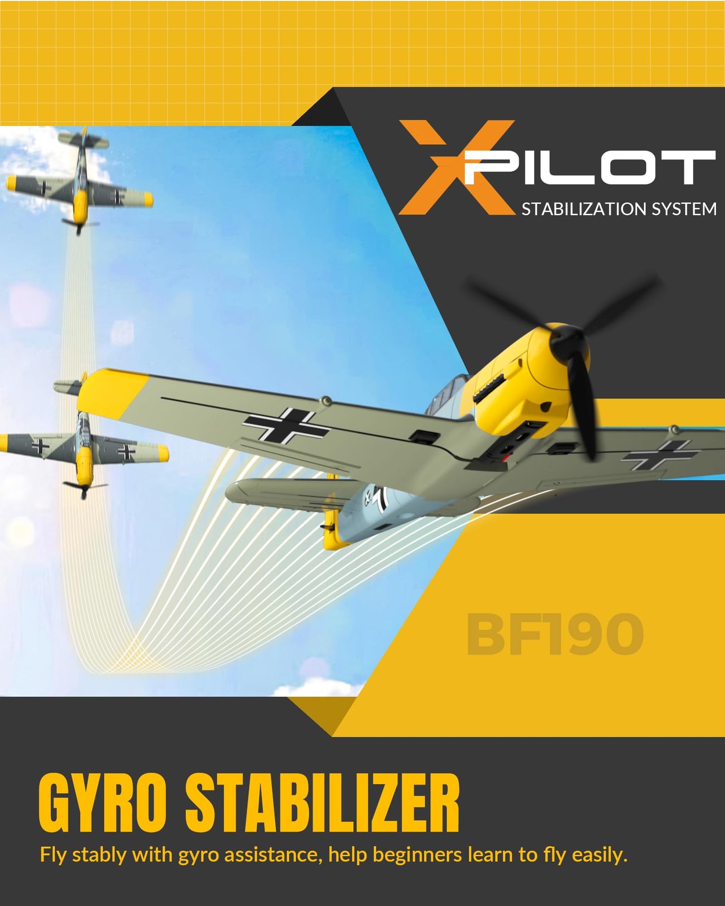 volantexrc RC Plane, 4 Channel Remote Control Airplane BF109 Fighter RTF with Aileron, Gyro, Aerobatics & 3 Modes Easy to Fly, Hobby Radio Controlled Aircraft for Beginners & Adults (Yellow)