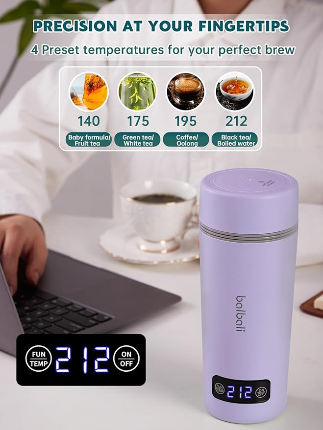 balbali Dual Voltage Travel Kettle 100-250V - 12oz Portable Water Boiler/Warmer/Heater for Boiling Water - 4 Preset Temperature Control Portable Tea Kettle Electric Travel - Purple
