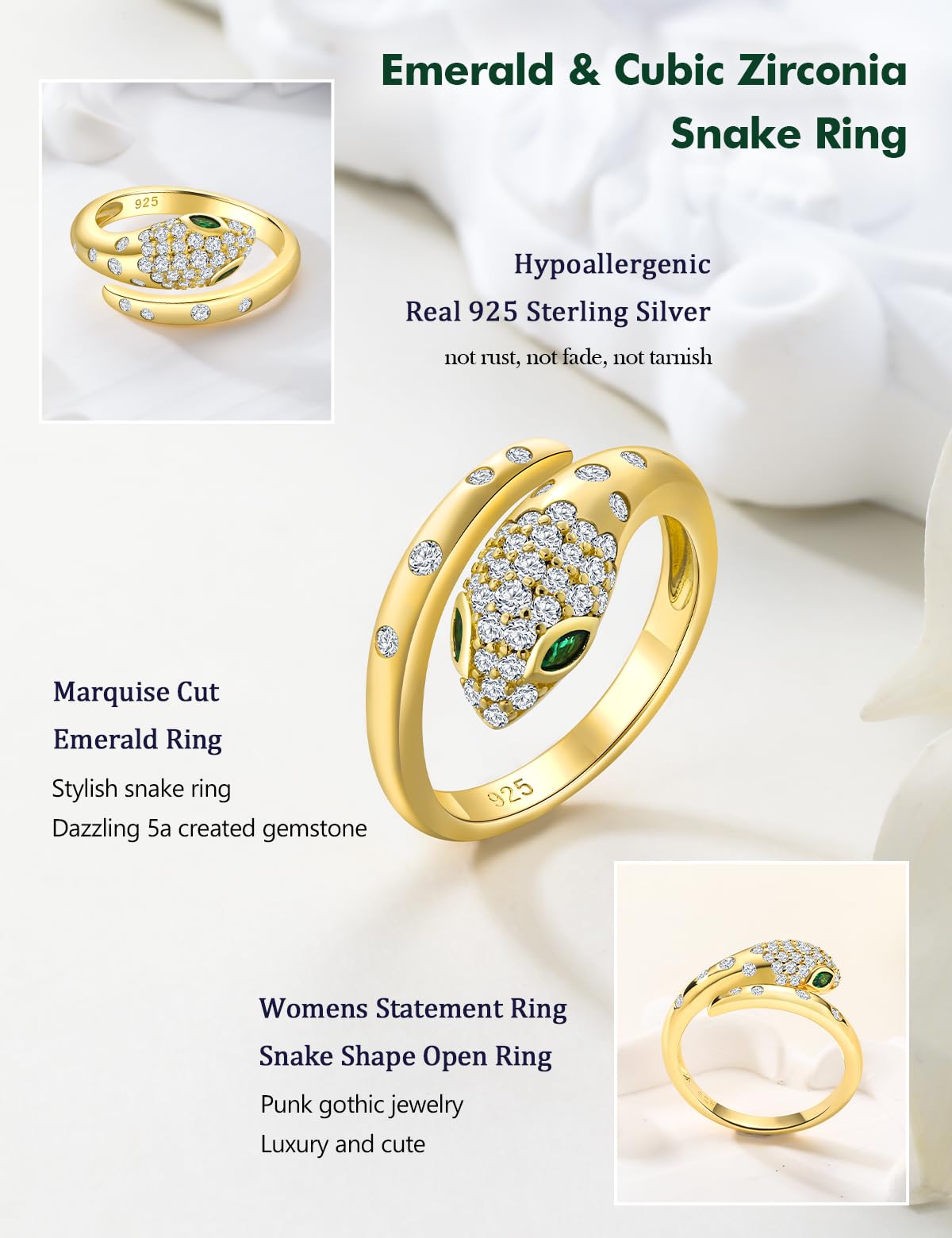 RANDES 14K Gold Plated Snake Ring 925 Sterling Silver Created Emerald Diamond Statement Cocktail Rings for Women Open Gothic Ring Size 7