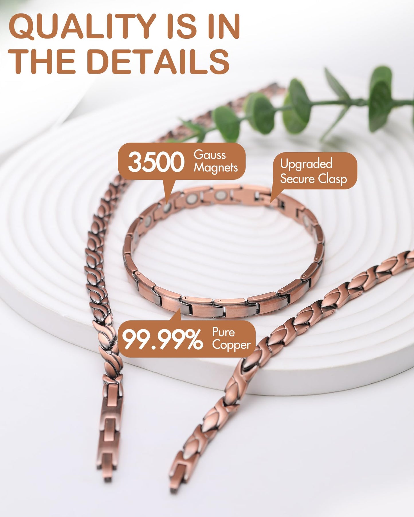 Feraco Copper Bracelet for Women Hand Forged 99.99% Pure Solid Copper Magnetic Bracelets with Pro Neodymium Magnets
