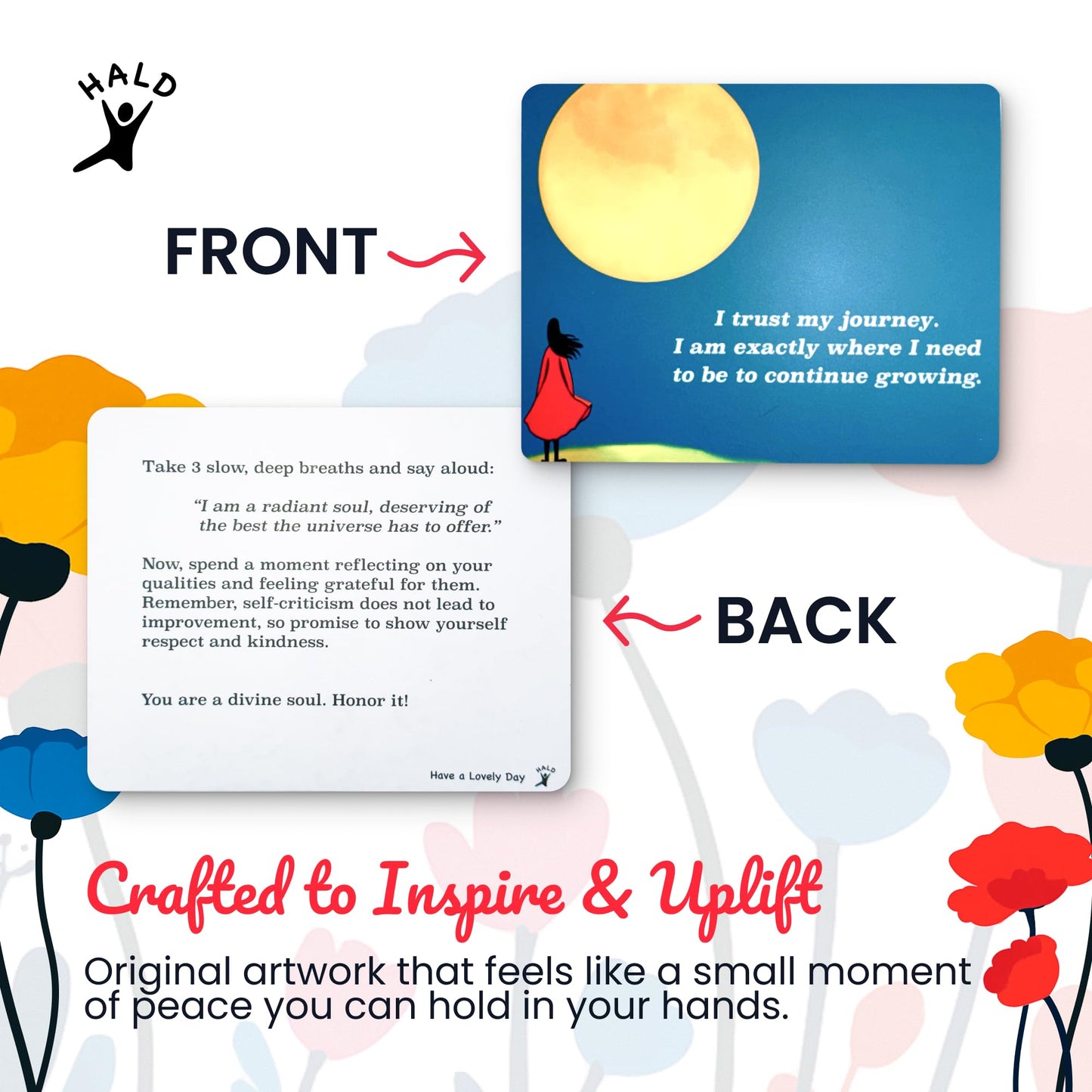HALD Positive Affirmation Cards with Mindfulness Exercises, Inspirational Tools for Everyone, Motivational Items, Self Care Gifts for Women, Men & the Youth, 60 Transformative Affirmation Cards