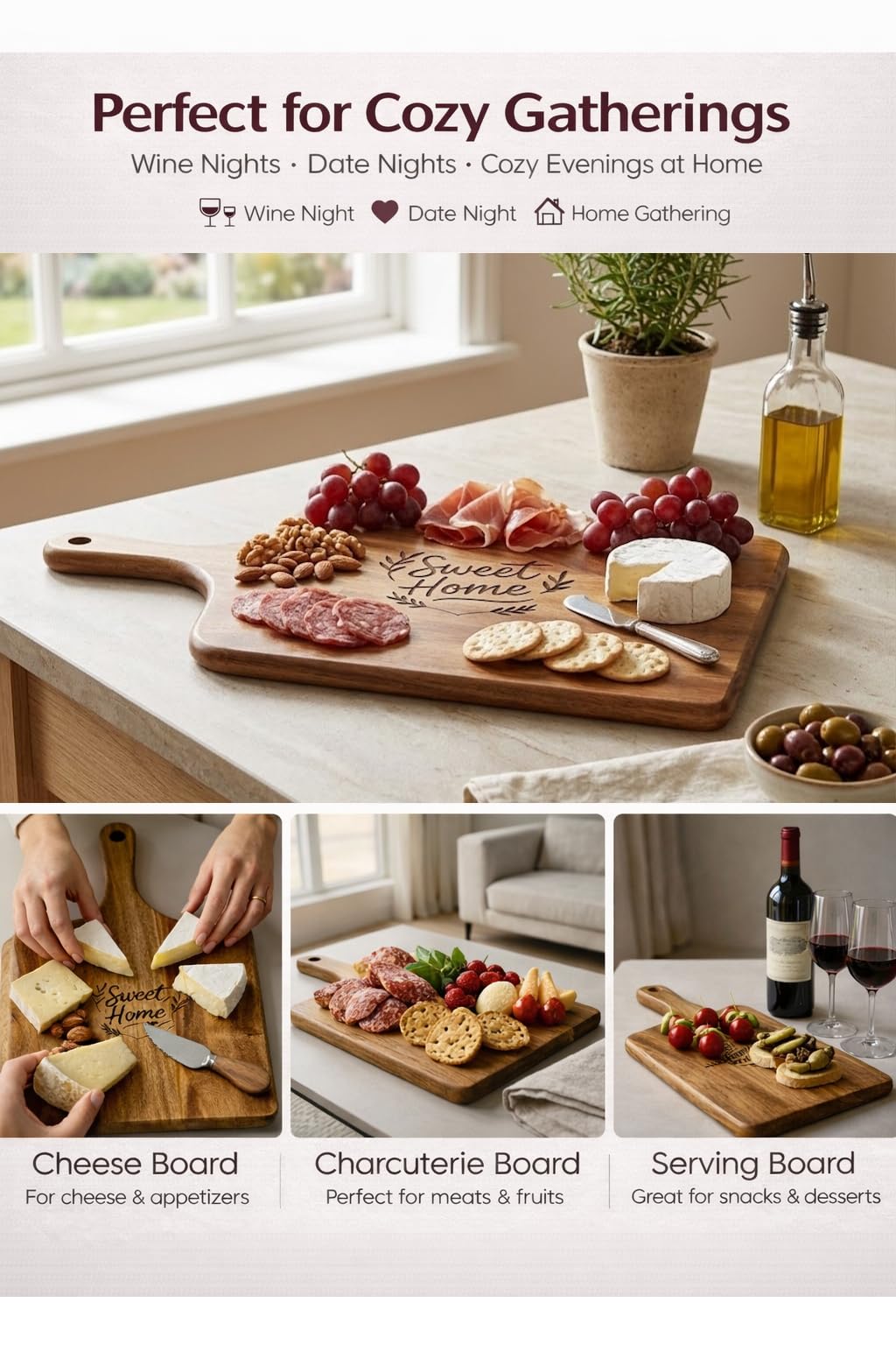 GleeNflux Charcuterie Board Set, 5-Piece Acacia Wood Cheese Board with 4 Cheese Knives, “Sweet Home” Engraved, Gift-Ready for Couples, Housewarming & Wedding