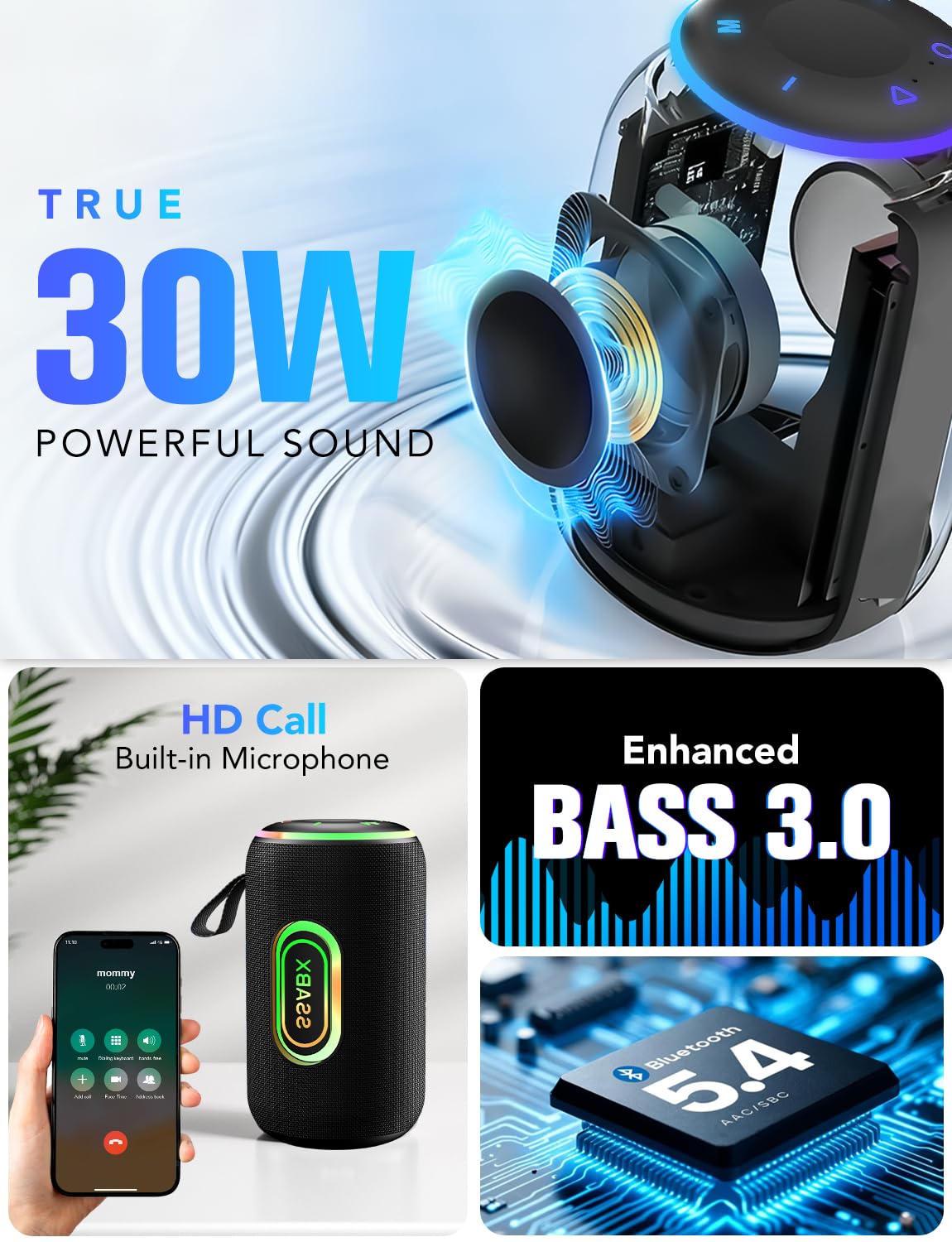 Portable Bluetooth Speaker, Bluetooth 5.4 Speaker, 30W Dual Speaker, 2.0 Channel, Deep Bass, 30H Playtime, Colorful RGB Lights, IPX7 Waterproof, TWS pairing for Outdoor/Home/Party/Travel, Gift Ideas
