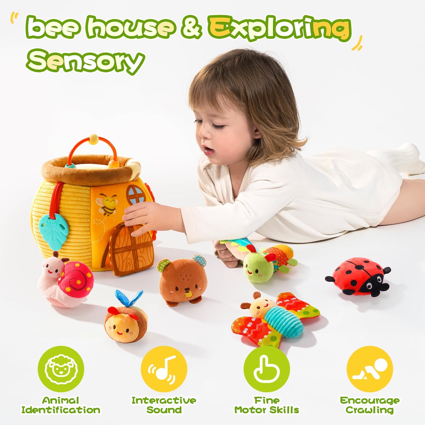 Koty Baby Toys 0-6 Months,Bee House Sensory Toy, Interactive Plush Beehive wtih rattles, queaker, Mirror, Busy Montessori Soft Toys for Toddlers 0-3,Development Toy for Infants 6-12 Months