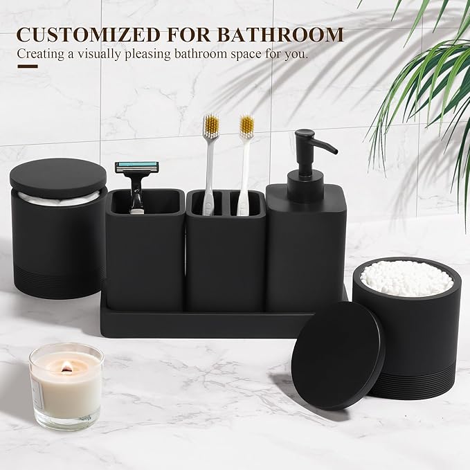 Bathroom Accessories Set, 6 Piece Bathroom Set with Toothbrush Holders, Soap Dispenser, Vanity Tray, Tumbler, Cotton Swab Jars, Bathroom Organizer，Bathroom Sink Sets, Matte Black