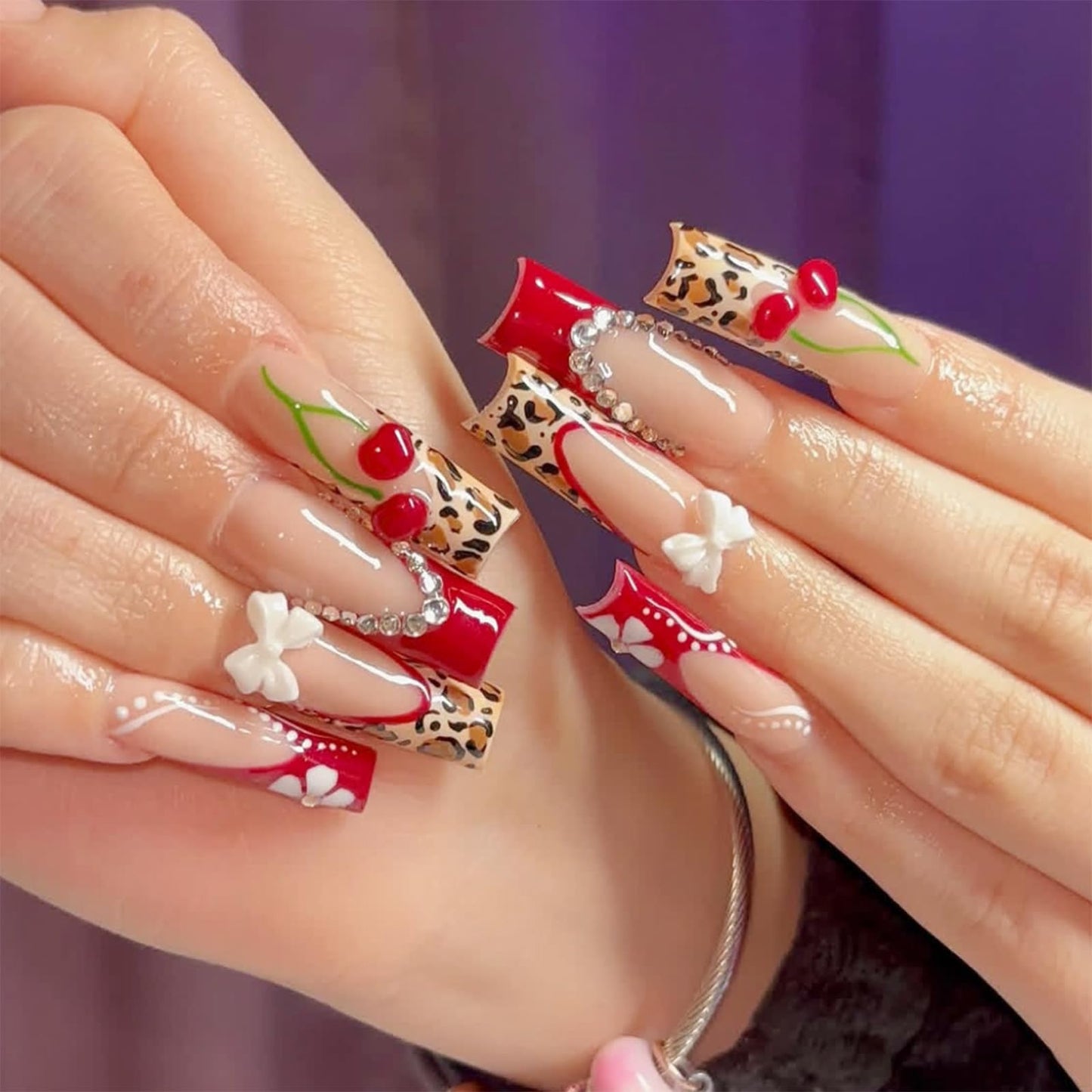 IMSOHOT Red Press on Nails Long Square Fake Nails French Tip False Nails with 3D Cherry & Rhinestones Designs Acrylic Full Cover Leopard Print Stick on Nails