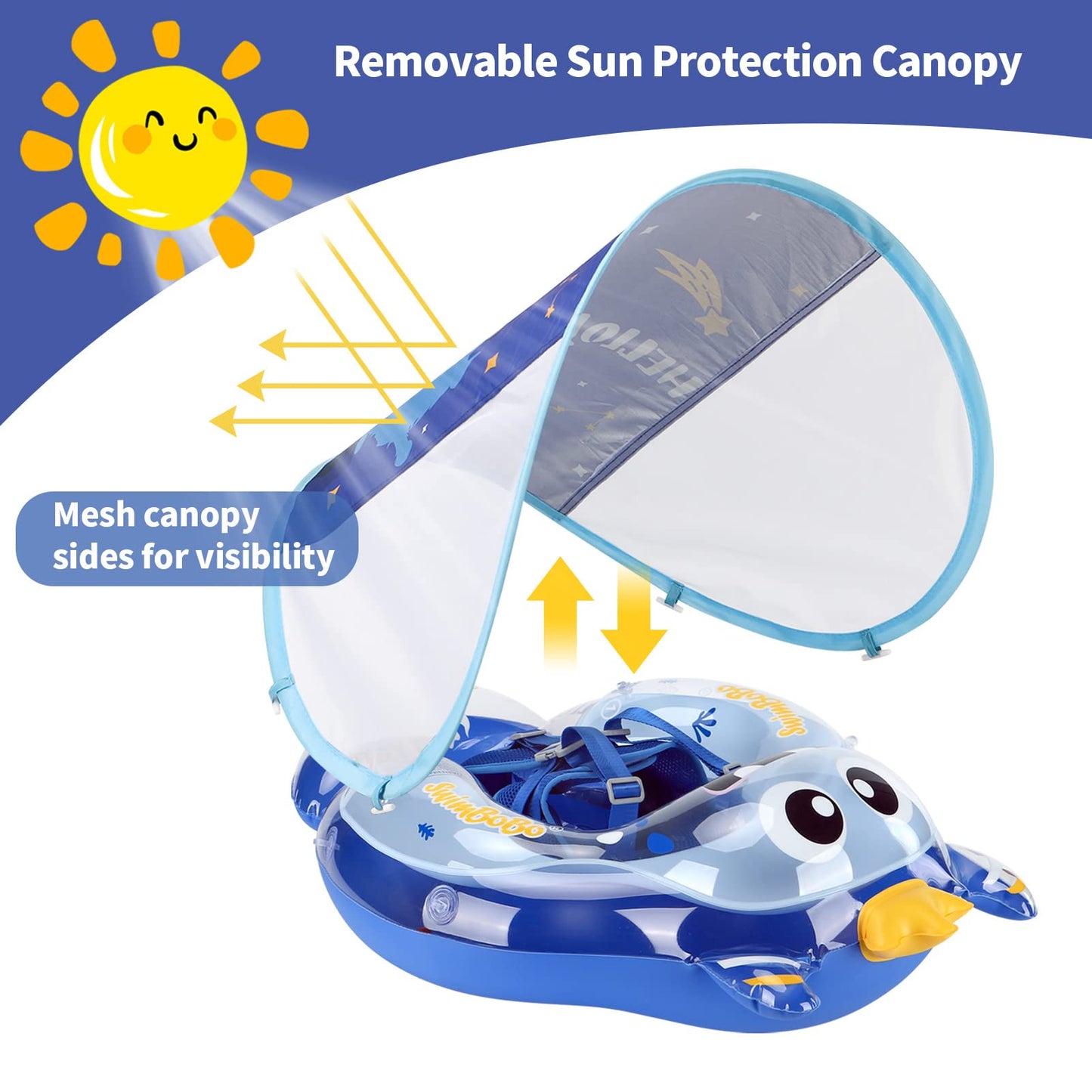 Swimbobo Infant Pool Float with Sun Canopy Inflatable Baby Swimming Floatie with Sponge Safety Bottom Support Water Toys Swim Trainer(Blue Monster,Large)