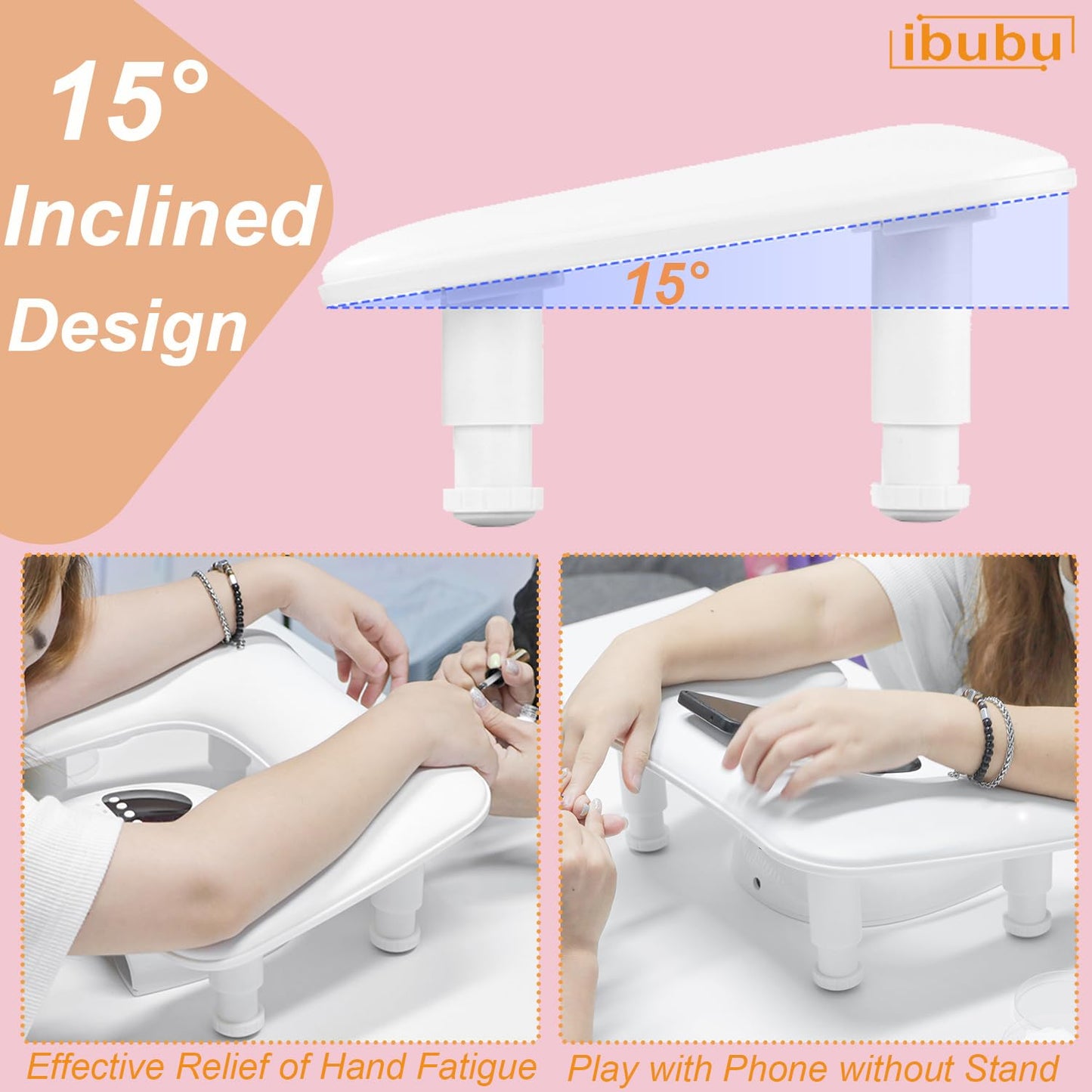 ibubu Upgrade Nail Arm Rest Height Adjustment U-Shaped Manicure Hand Rest Pillow Cushion Soft PU Leather Detachable Nail Art Hand Stand Holder for Nails Tech White