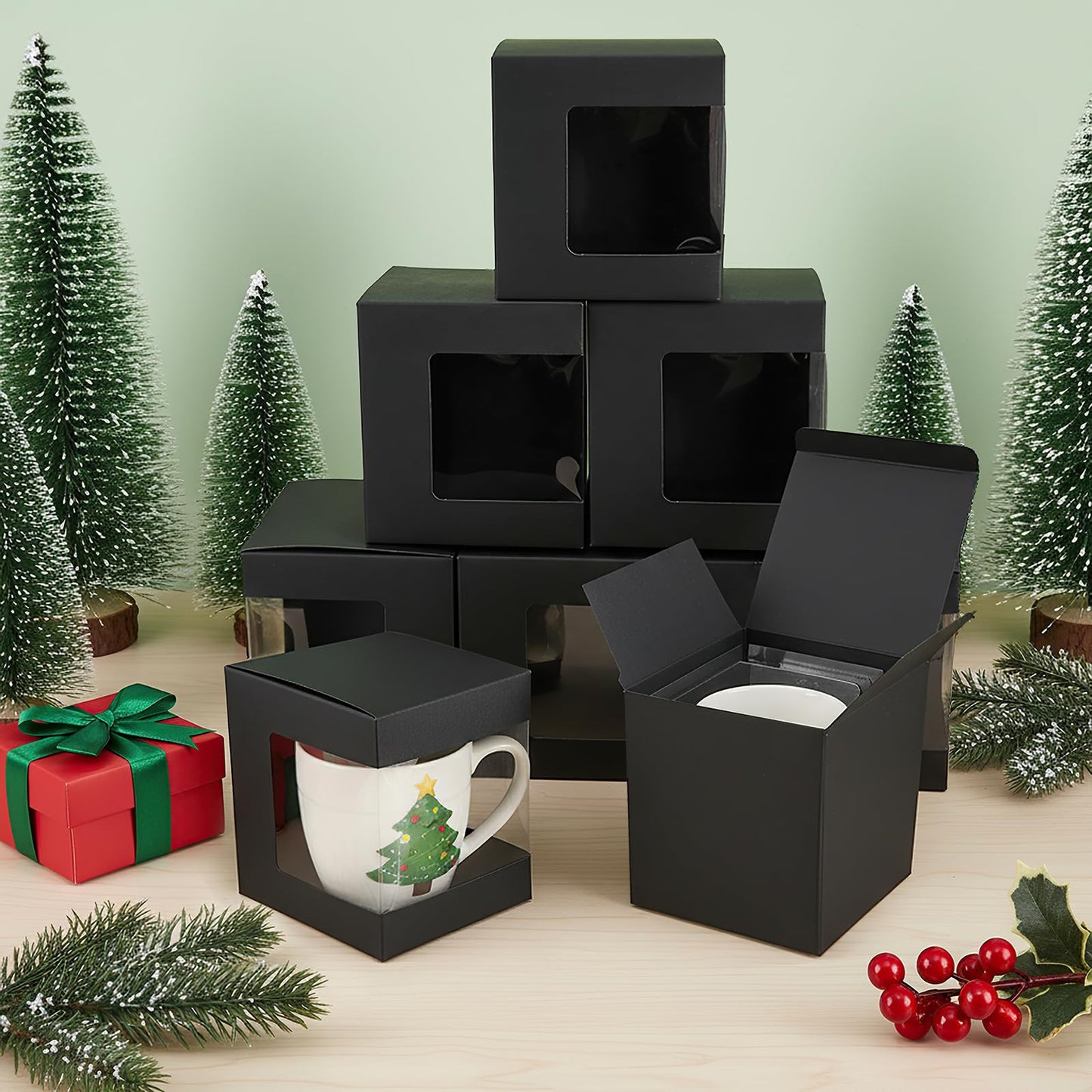 AVLA 50 Pack Mug Boxes for Gifts, Black Sublimation Mugs Packaging Box, 11oz 12oz 15oz Coffee Mugs Boxes with Window for Wrapping Birthdays Wedding Anniversaries Christmas