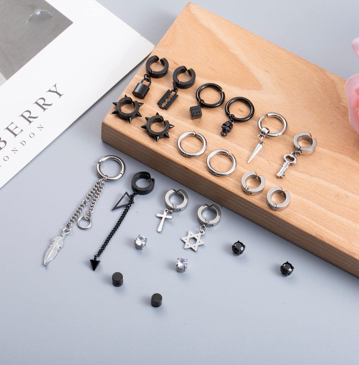YOVORO 22Pcs Stainless Steel Non Pierced Earrings for Men Women Non-piercing Stud Earrings Dangle Hoop Earrings Clip On Earrings Punk Huggie Earrings Set Silver
