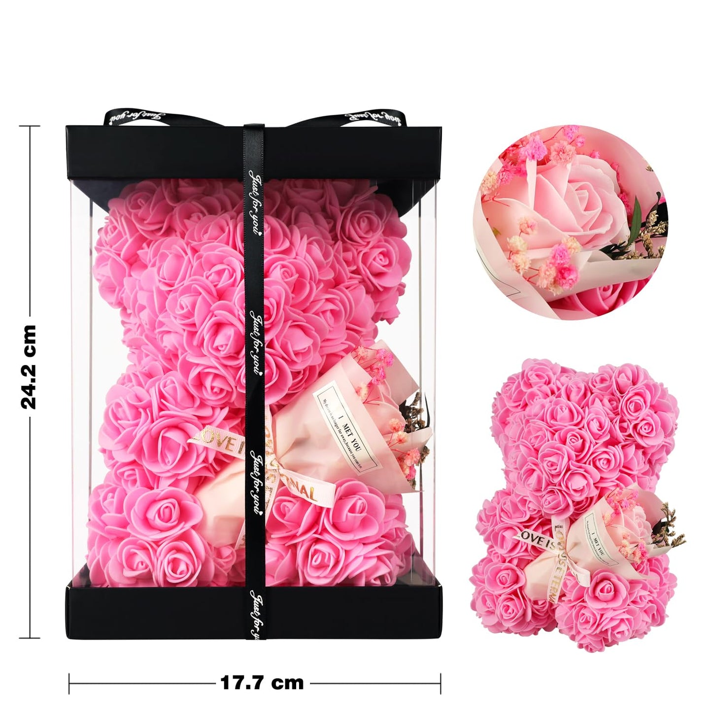 K KYMAKE Mothers Day Rose Gifts for Mom Rose Bear Pink Teddy Bear Birthday Gifts for Women Wife Daughter Girlfriend,Flower Bear with Rose Bouquet and I Love You Necklace