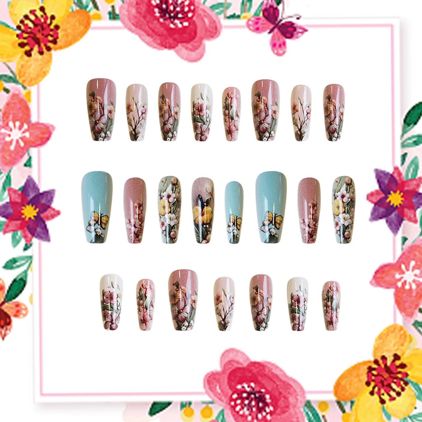 TBRZTR Flower Press on Nails Medium Ballet Shaped Full Cover Glossy Artificial Acrylic False Nail Floral Butterfly Pattern Design Spring Fake Nails Reusable Medium Glue on Nail for Women 24Pcs