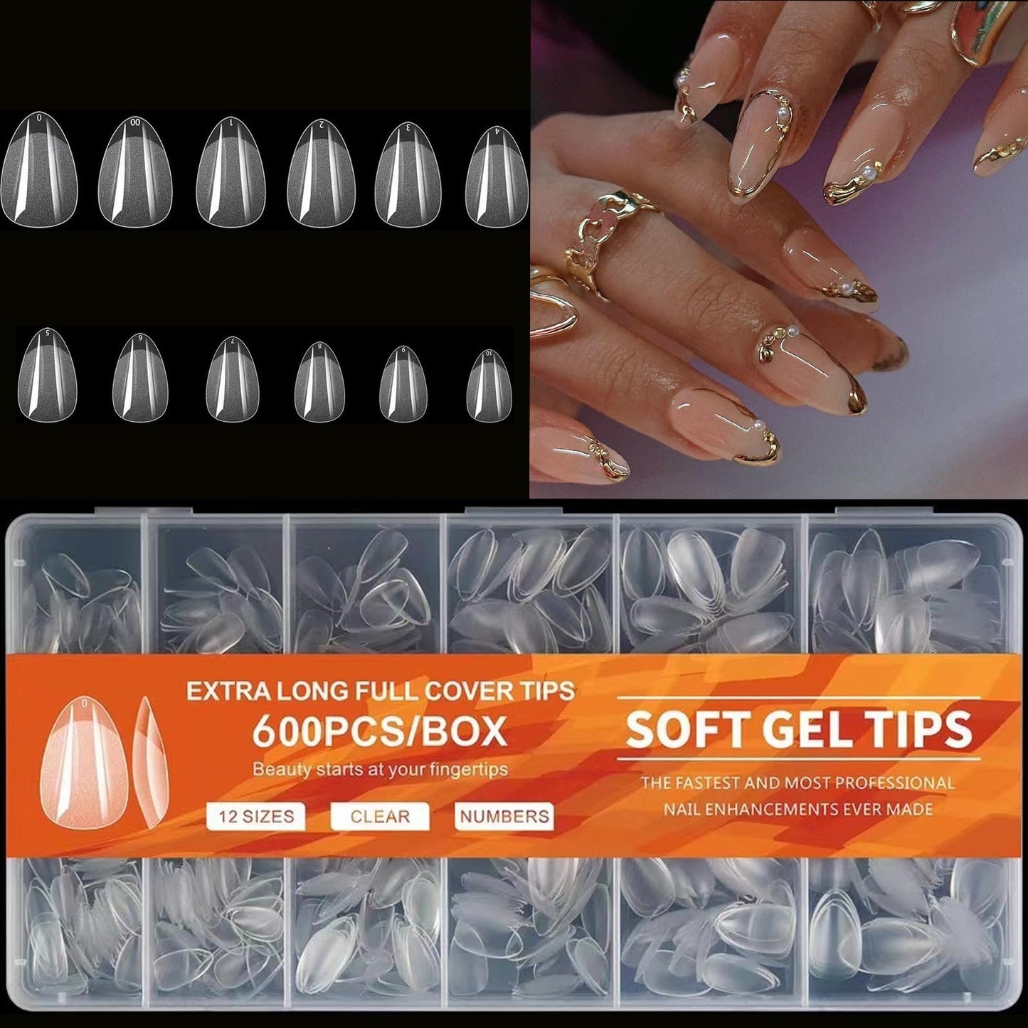 Short Almond Nail Tips, 600pcs Soft Nail Gel Tips Pre-Shaped Acrylic Fake Nails, Half Matte Full Cover Clear Jelly Press on False Nail Tips for Extension Nail Manicure Home DIY 12 Sizes for Women