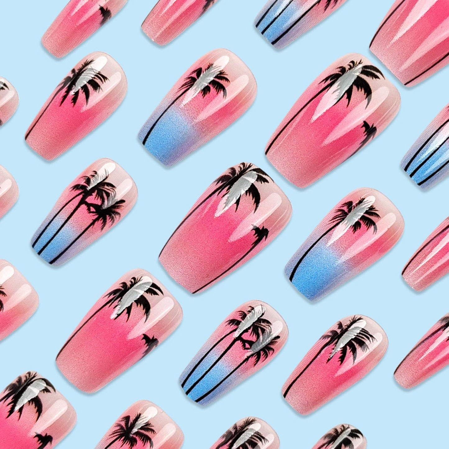 Summer Press on Nails Medium Coffin Fake Nails with Coconut Trees Design Glue on Nails Pink Sky Blue Sea False Nails Glossy Full Cover Stick on Nails Acrylic Artificial Nails for Women 24Pcs