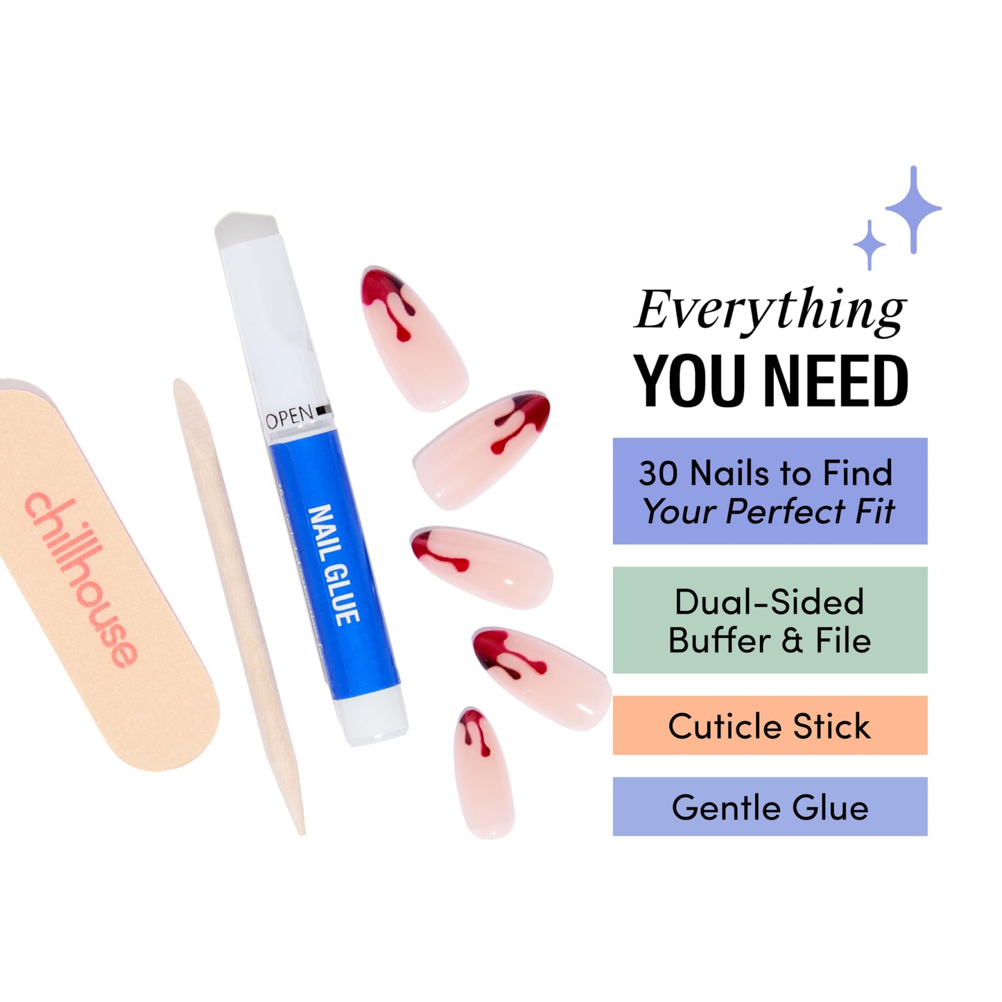 Chillhouse Chill Tips Signatures Press On Nails Kit, Bloodline Bling - 30 Nail Shapes & Sizes, Dual-Sided Buffer & File, Cuticle Stick & Glue - Long-Lasting Nail Art Manicures
