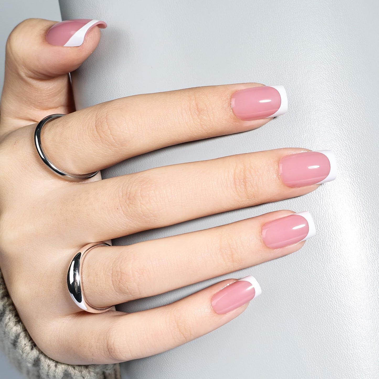 Leefrei French Tip Press On Nails - Short Square Blush Pink Press on Nails Glossy Nails Press Ons for Women DIY Fake Nails Kit, Reusable Glue on Nails Short in 16 Sizes - 32pcs, Blush Tip