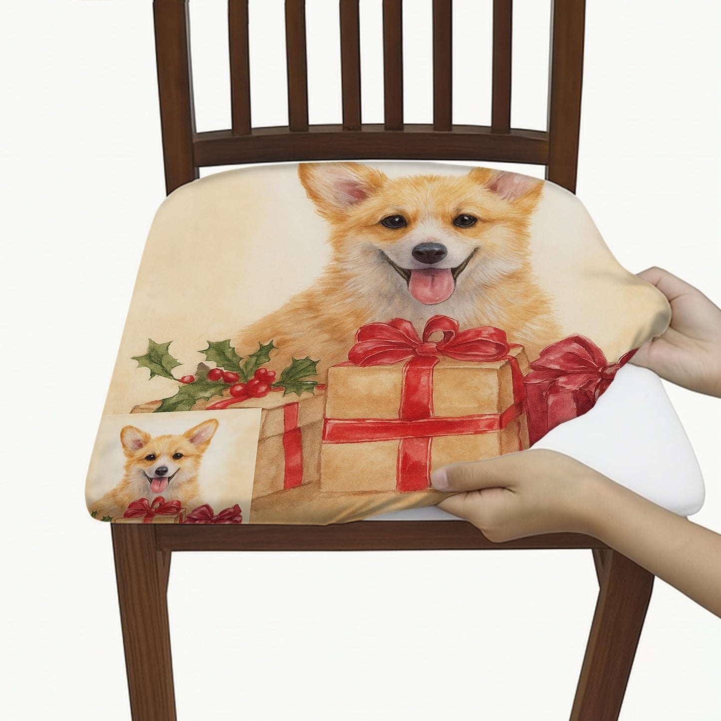 Corgi Holiday Chair Seat Covers, Stretch Spandex Washable Cushion Slipcovers with Gift Boxes Design, Festive Decorative Covers for Home Dining Decor 4pcs