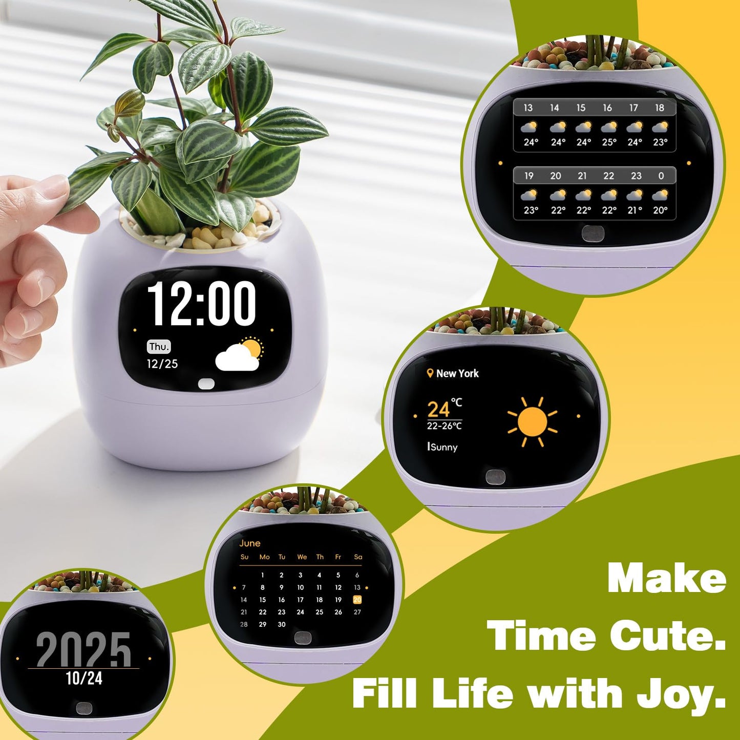 Smart Plant Pot with Visual Display – Soil Moisture, Water Level, Light & Battery Monitor, 80ml Self-Watering Reservoir, Supports 100+ Plants, Pomodoro Timer, Clock & Calendar-Purple