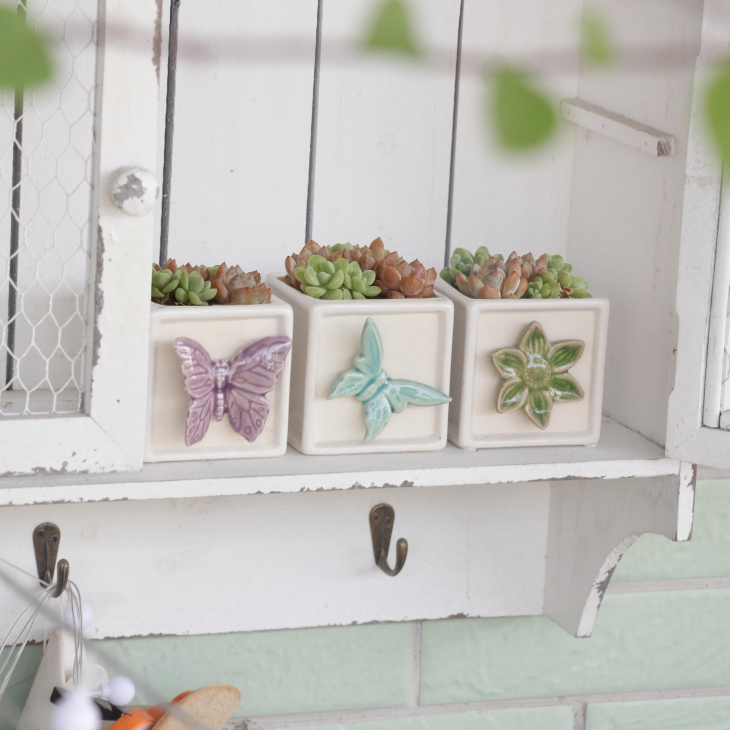 Gnliny 3.1 Inch Ceramic Succulent Pots with Bamboo Tray - 3Pcs Square Planters with Drainage Holes, 3D Butterfly & Flower Design for Indoor Plants, Desk Organizer for Home Office