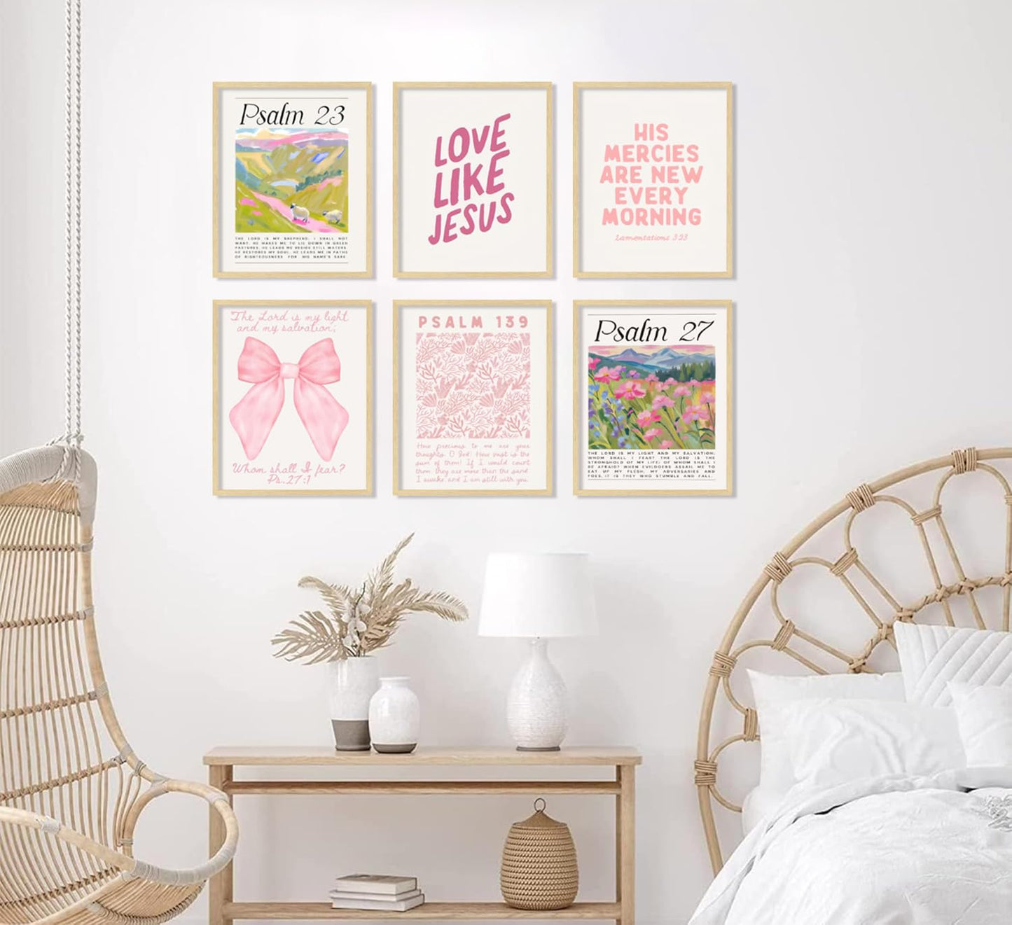 Pink Christian Posters Wall Art Set of 6 Bible Verse Canvas Wall Decor Religious Pictures Prints Scripture Bundle Bow Artwork Girls Room Trendy Preppy Painting Home Decoration 8x10 Inch Unframed