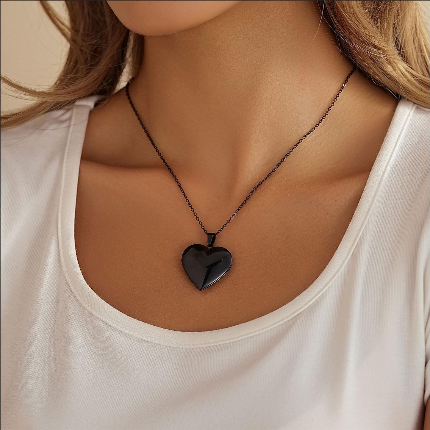 PHOCKSIN Black Glossy Personalized Heart Locket Necklace Custom Photo Locket Necklace for Women Picture Locket Pendant Necklace Text & Symbols Engraved Customized Lockets for Women