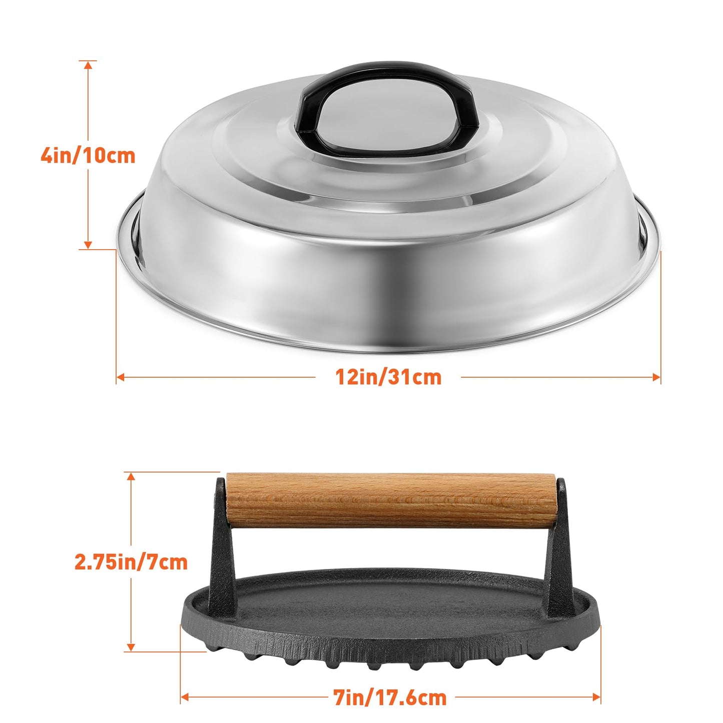 BBQ Accessories 12 Inch Round Stainless Steel Basting Cover - Cheese Melting Dome Round Cast Iron Grill Press Kit for Hamburger Bacon Steak, Best fits for Blackstone Camp Chef Flat Top Griddle Grill