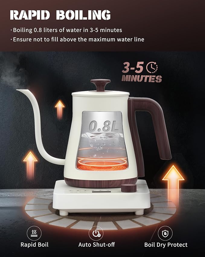 Electric Kettles, 1000W Gooseneck Electric Kettle with 6 Temperature Control Presets, 0.8L/27.05oz, 0.8mm Ultra-Fine Spout, 304 Stainless Steel Inner, Gooseneck Kettle with Auto Shut-Off, Matte White
