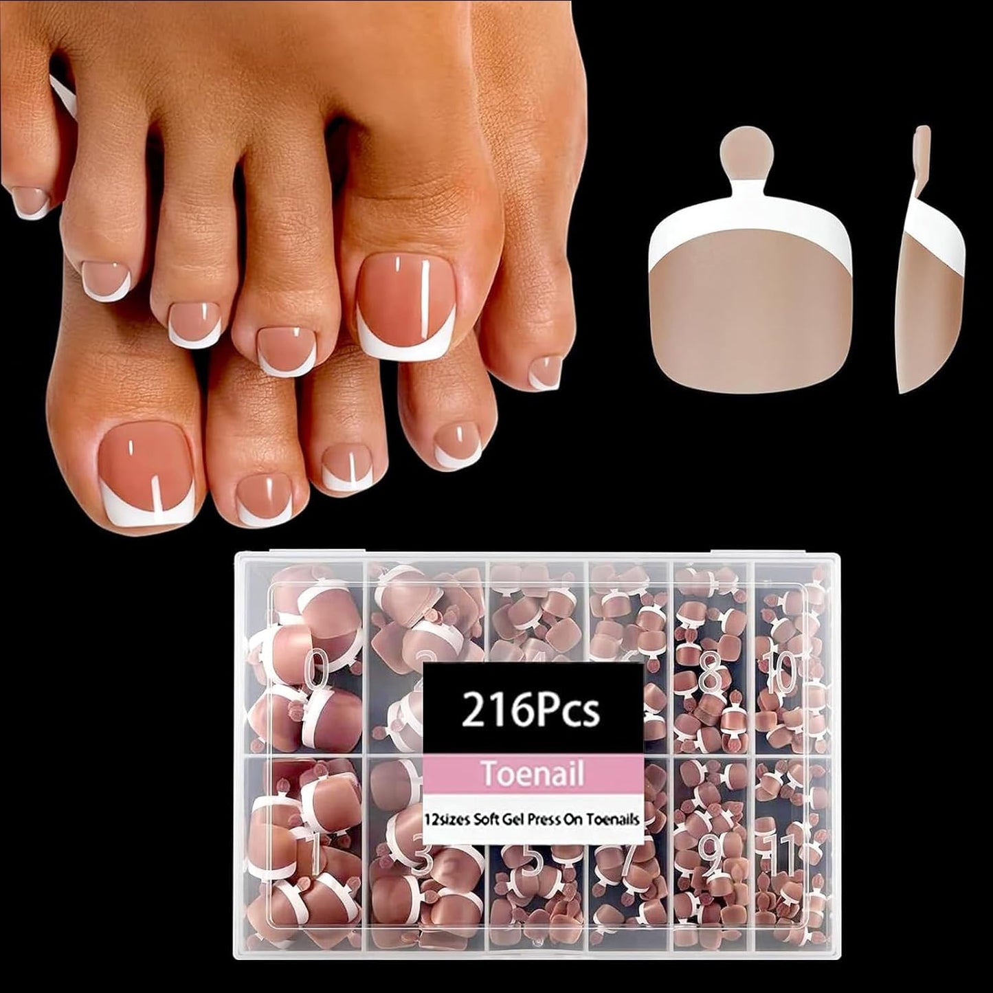 Dsixnails Brown Toe Nail Tips, 216pcs Short Press on Toenails for Women, Soft Toe Nail Press Ons, Square French Tip Toe Press on nails, Soak Off Acrylic Full Cover Fake Toenails Extension in 12Sizes