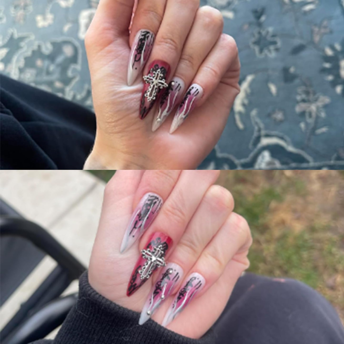 IMSOHOT Stiletto Press on Nails Long Gothic Fake Nails Black Red Ombre Glossy False Nails with Metal Cross Charms Designs Full Cover Glue on Nails 24PCS