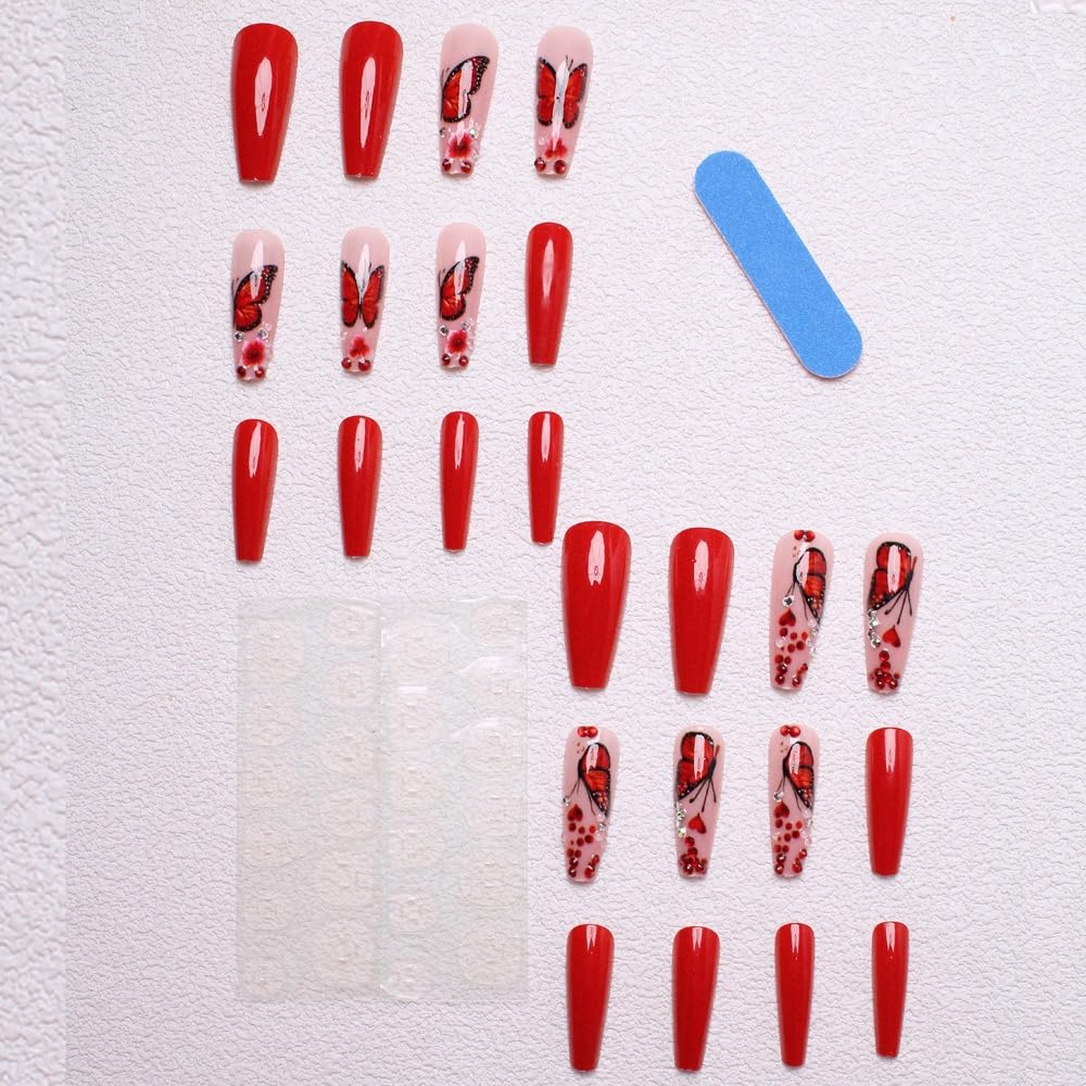 Long Coffin Press on Nails Butterfly Fake Nails Glossy Glue on Nails Red French Tip Acrylic Nail Bling Glitter Artificial Nail 3D Rhinestone Stick on False Nails with Gradient Design 24 pcs