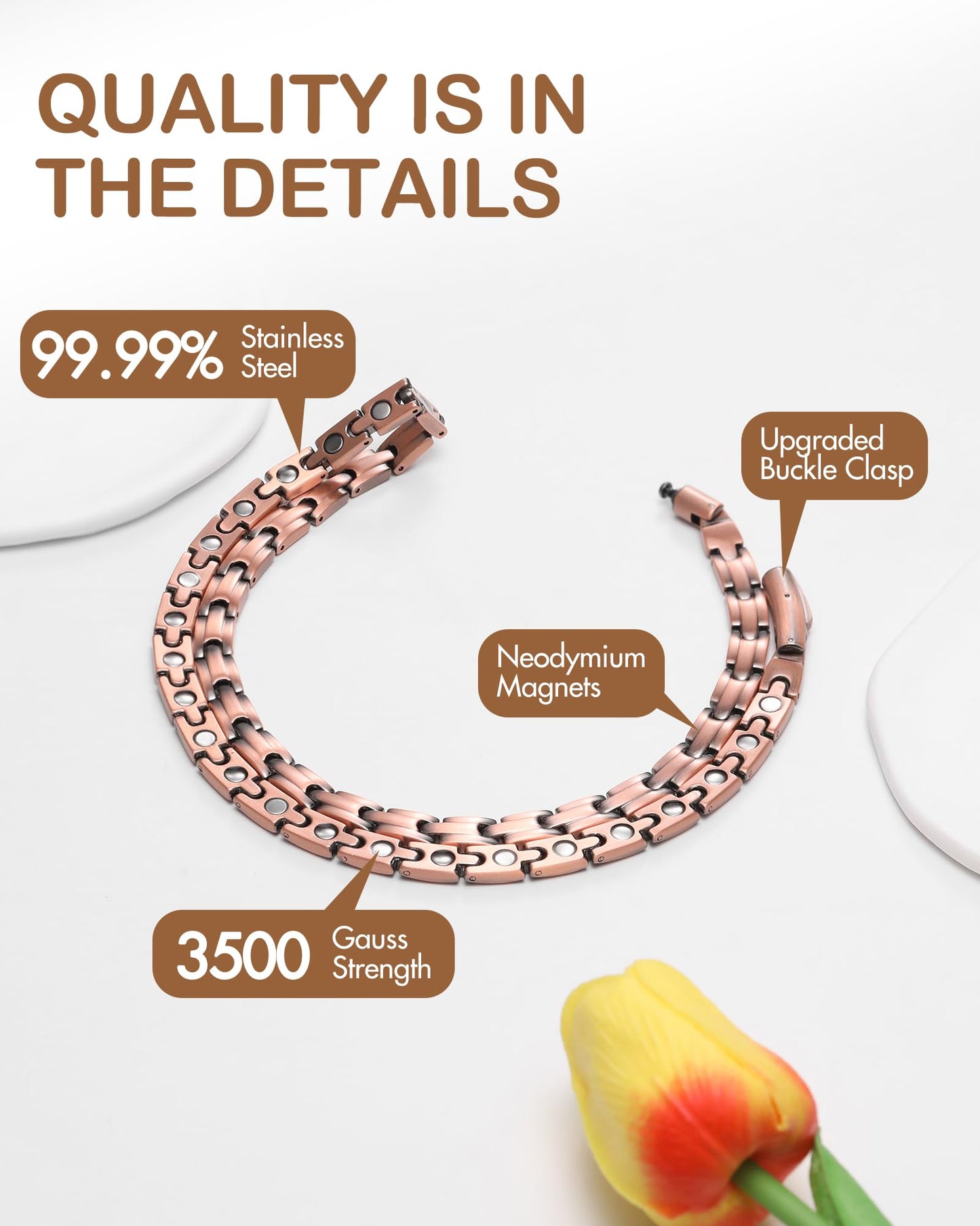 Feraco Copper Necklace for Men Women, 99.99% Pure Copper Magnetic Chains with 3500 Gauss Ultra Strength Neodymium Magnets, Adjustable Jewelry Gift with Sizing Tool (Smooth Wave)