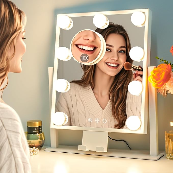 Kottova Lighted Makeup Mirror, Hollywood Vanity Mirror with Lights, Three Color Modes, with Detachable 10x Zoom Mirror, Smart Touch Control, Metal Frame, 360° Rotation（14.1in,White）