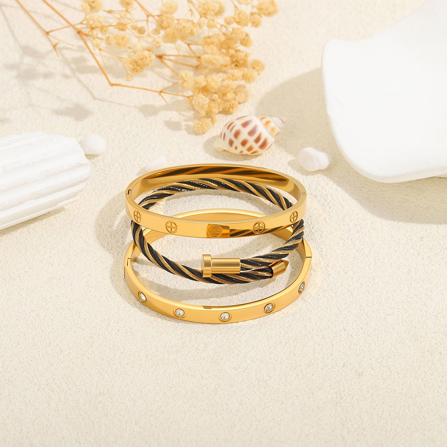 Camhanno Gold Bracelets for Women - Stackable Bangles with Friendship & Love Theme - Stainless Steel Jewelry Gift for Her (Style 11)