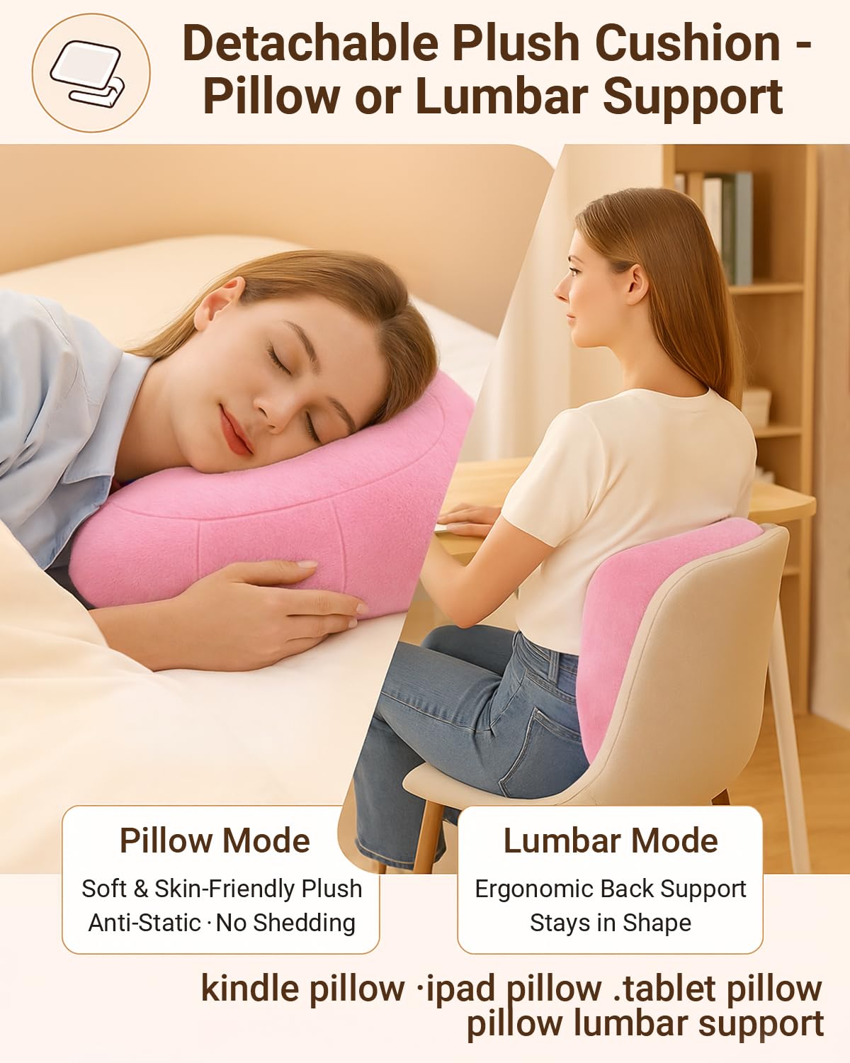 Tablet & Kindle Pillow Stand for Bed, Adjustable iPad Holder for Couch and Lap with 2 Snack Bowls, Cup Holder, 50 Disposable Liners and Washable Cover, Pink
