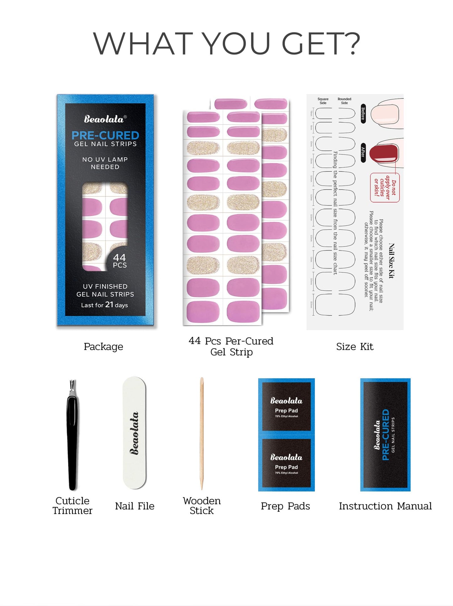 Beaolata Real Gel Nail Strips (No UV Light Needed) - 44Pcs Salon Quality Nail Stickers - Long Lasting Polish Wraps for Women, Easy Apply & Remove (Peach Pink)