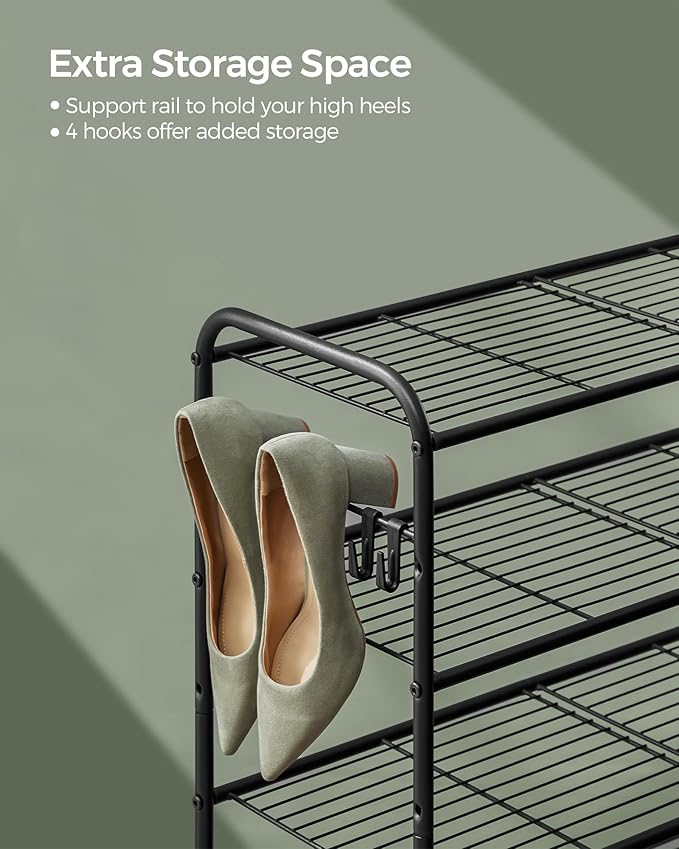 SONGMICS Shoe Rack, 3-Tier Shoe Organizer, Metal Shoe Shelf Storage with 4 Side Hooks, Holds 15 Pairs of Shoes, Height-Adjustable Shoe Rack for Entryway, Hallway, Closet, Easy Assembly, Ink Black