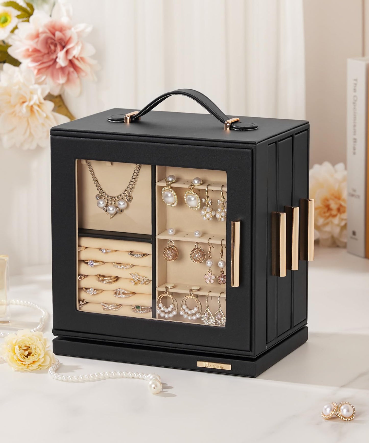Homde Jewelry Box for Women Large: Rotating Organizer for Ring Earring Necklace Bracelet - 7 Drawers Storage for Dresser (Black)