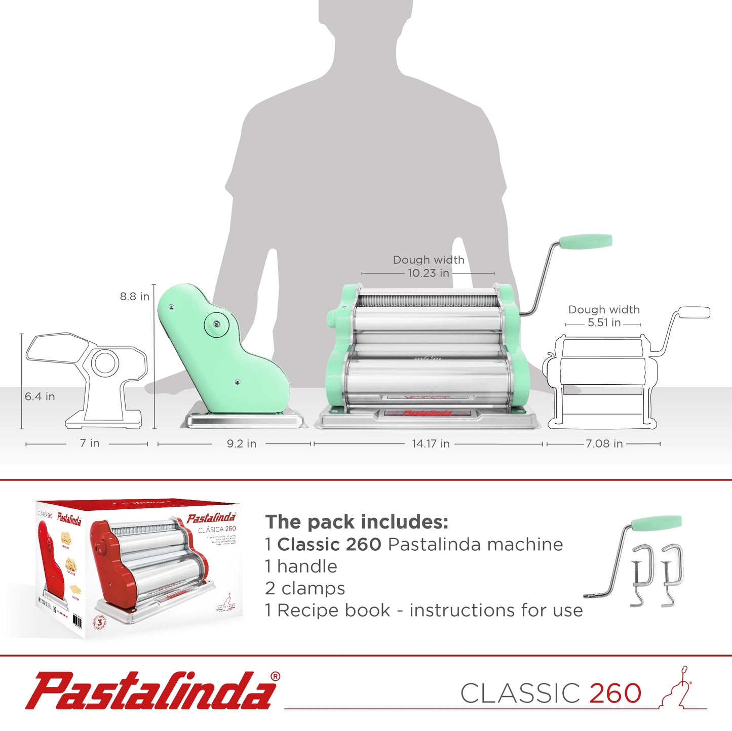 PASTALINDA Classic 260 Pasta Maker Machine, 26 cm Wide Rollers, 9 Thickness Positions, 2 Cutting Positions, Stainless Steel. Includes Reinforced Hand Crank And Two Clamps (Pastel Green)