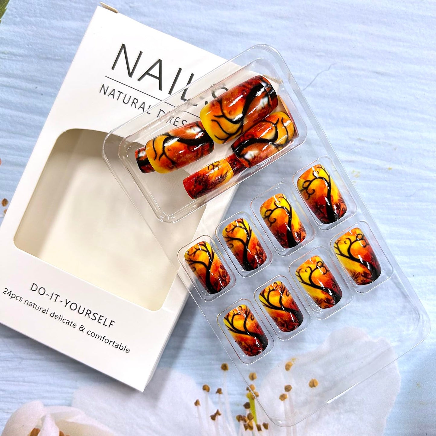 CJDLTS Press on Nails Medium Black Forest Design Orange Square False Nails Glitter Artificial Full Cover Acrylic Coffin Reusable Glue on DIY Stick on for Women 24Pcs