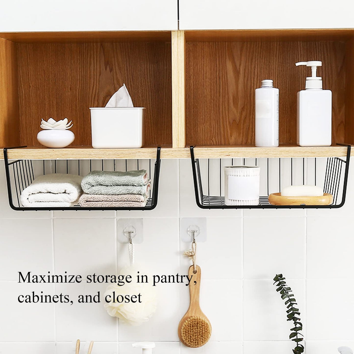 Tebery 4 Pack Black Under Shelf Wire Basket, Hanging Storage Baskets Under Cabinet Add-on Storage Racks, Slide-in Baskets Organizer for Kitchen Pantry Desk Bookshelf