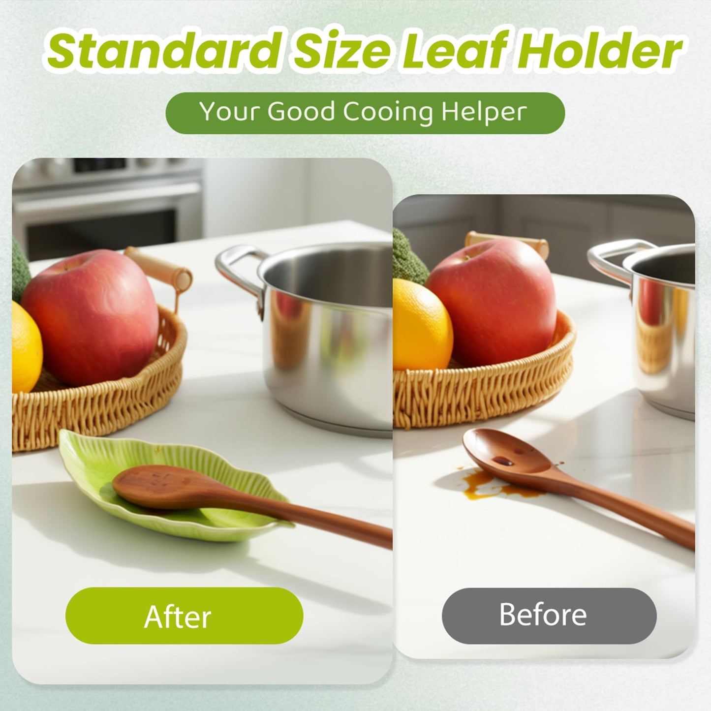 Ceramic Leaf Spoon Rest for Stove Top,Cute Green Leaf Cooking Spoon Holder for Kitchen Counter,Large decorative Spatula Rest Utensil Rest,1 Pack