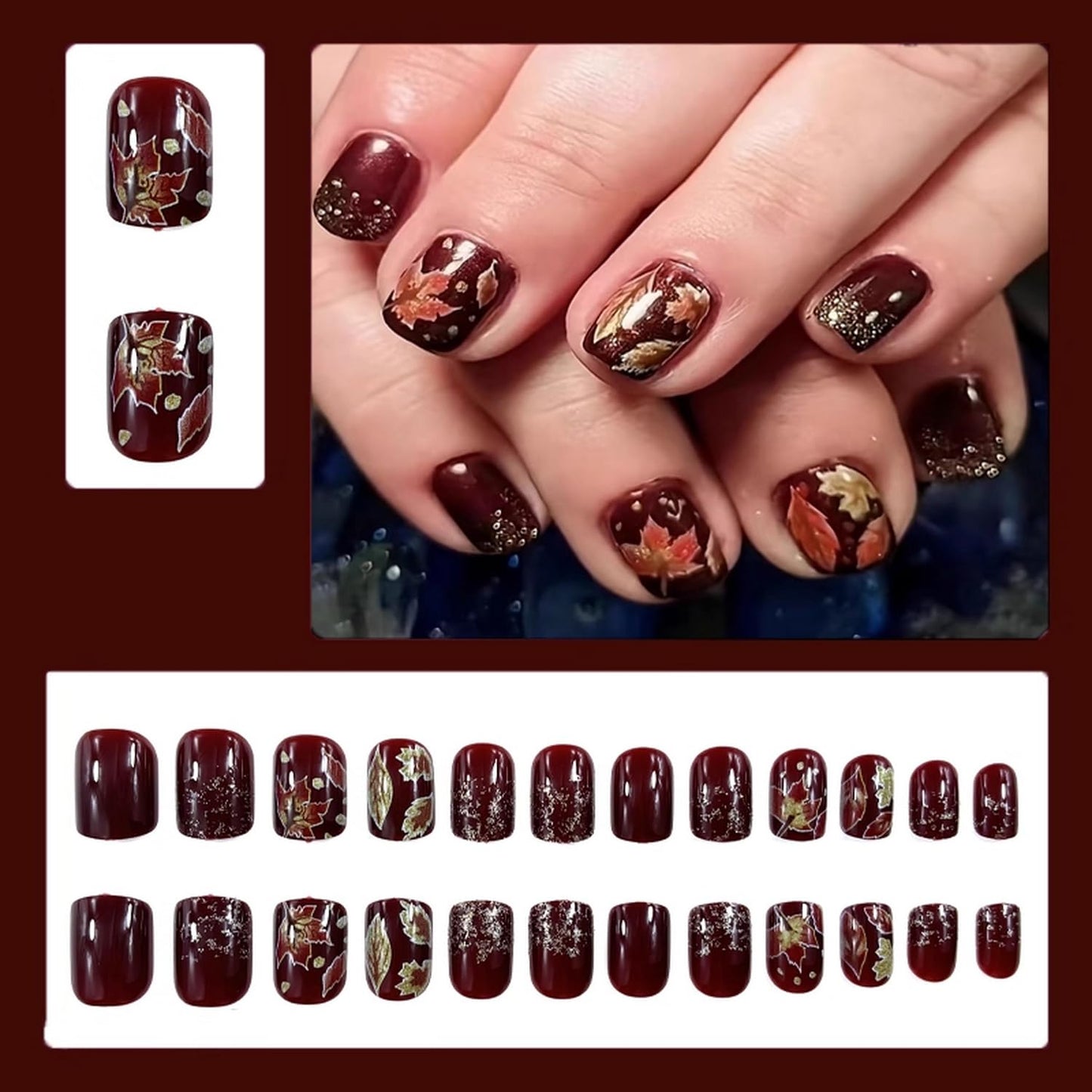 Fall Press on Nails Short Square Fake Nails Maple Leaves design Stick on Full Cover Red Brown Thanksgiving False Nails Gold Glitter Acrylic Artificial Nail for Women Girls Autumn Nail Accessories24pcs